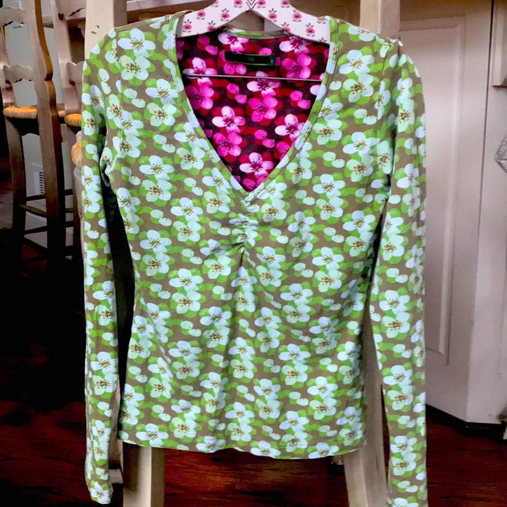 Oilily Green Floral Long Sleeve V-Neck Tee with Pink Lined Neck